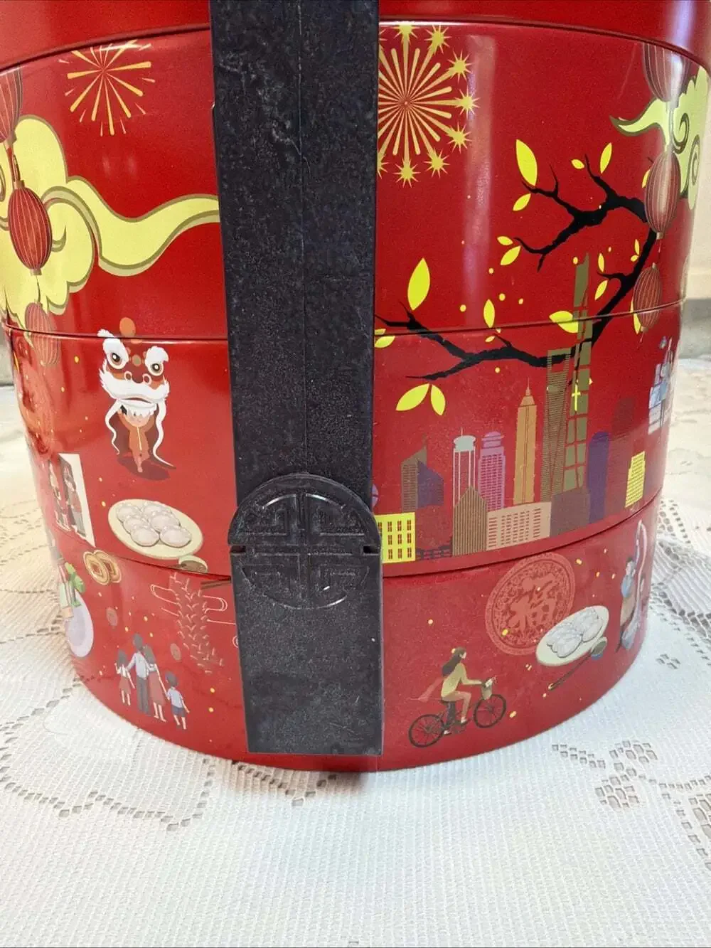 3-Tier Chinese New Year Tiffin Box Pristine For Knitting,Crafts,Picnics 9”H/10”W
